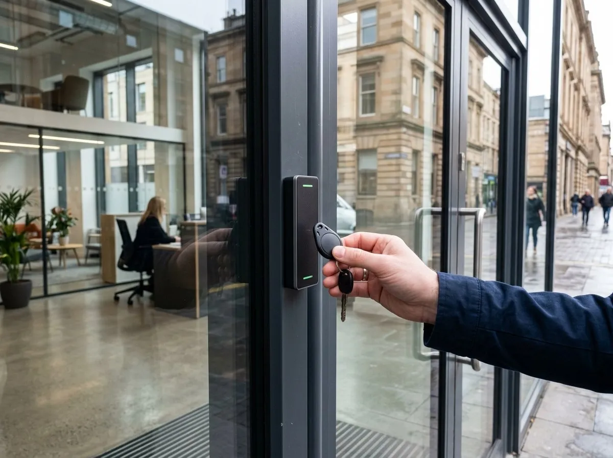 Key fob being presented to an access reader at an office door