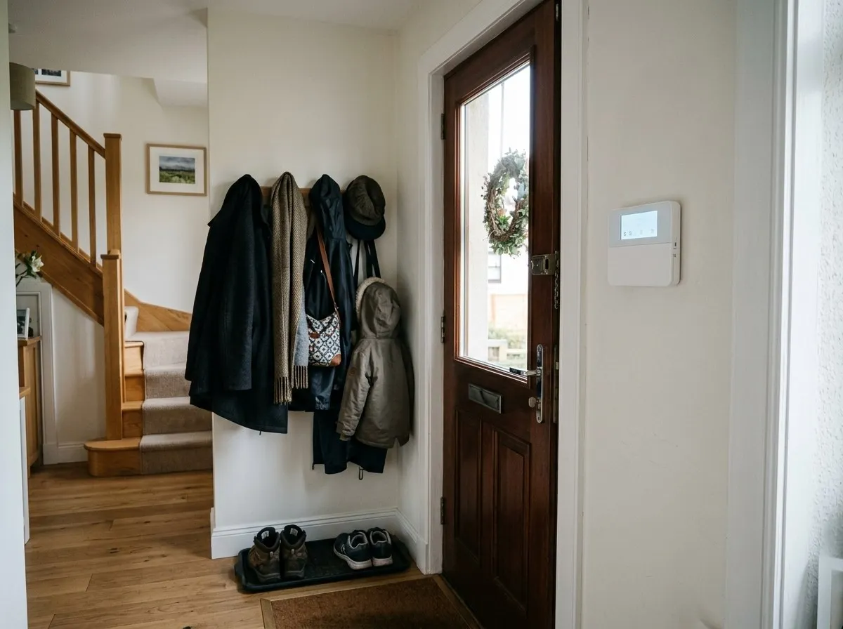 Intruder alarm keypad on the wall beside a front door in a family home hallway