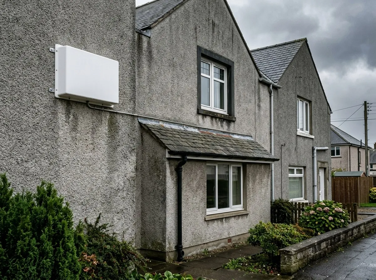 Plain white alarm siren box high on the wall of a harled house