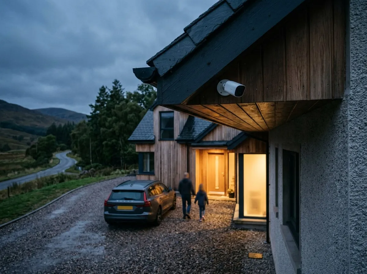 CCTV camera under the eaves of a modern house at dusk, overlooking the driveway