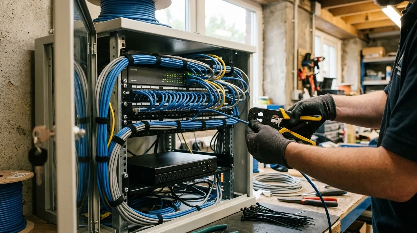 Engineer terminating network cables in a comms cabinet