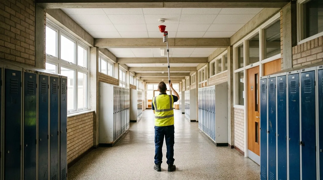 Engineer testing a ceiling smoke detector with a telescopic test pole in a corridor