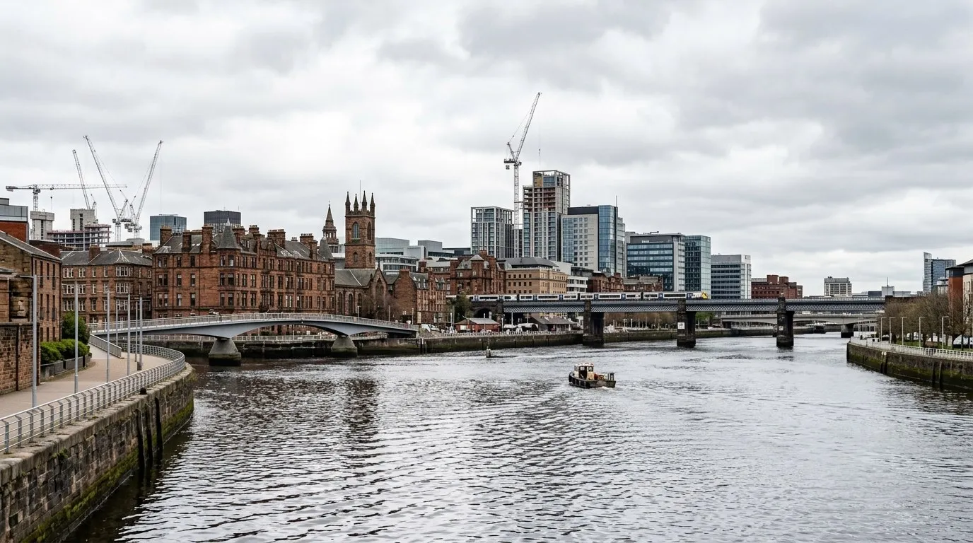 Glasgow skyline across the River Clyde on an overcast day