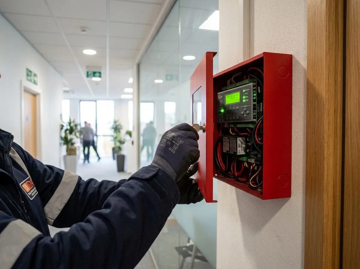 Engineer opening a wall-mounted fire alarm control panel in an office corridor