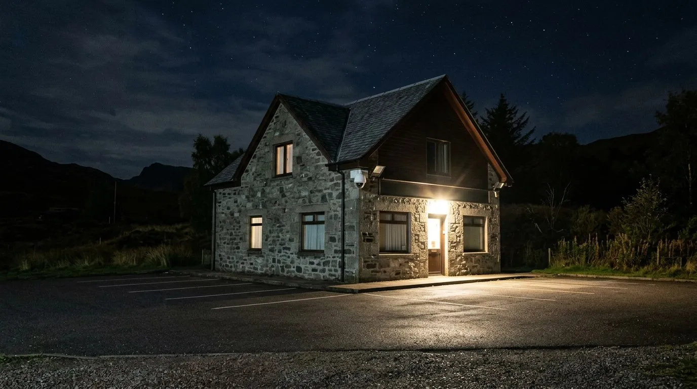 Small stone building at night lit by security lights